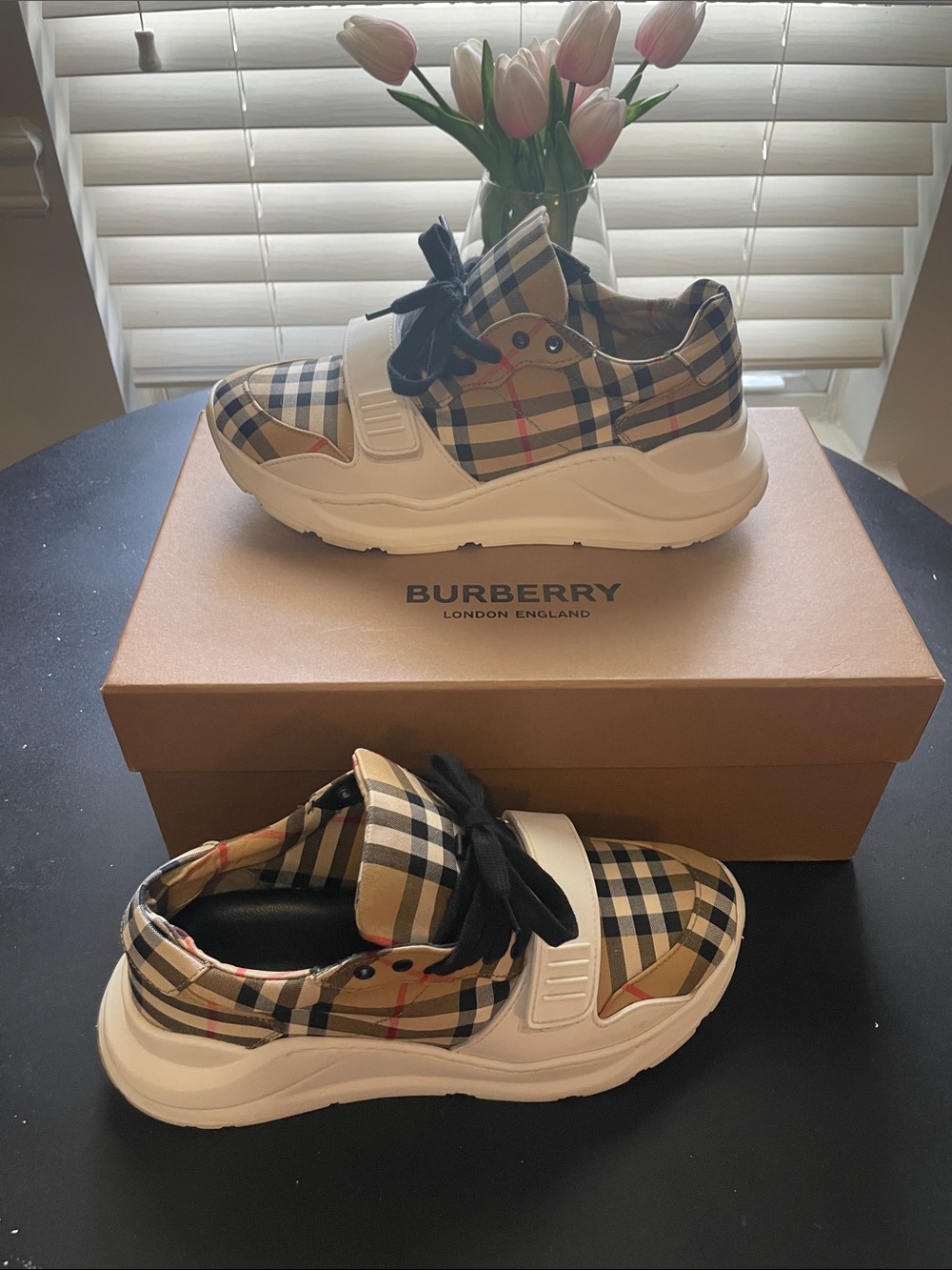 WOMENS Burberry Plaid Lace-Up Sneakers in Beige and Black